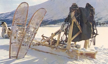 Featured is a c 1960 postcard image of an Alaskan Trapper's gear, including snowshoes.  Photo by Peter Badina.  The original unused postcard is for sale in The unltd.com Store. 